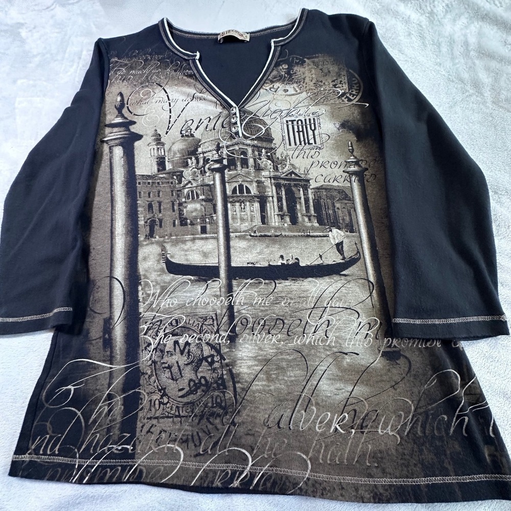 Blue Canyon Clothing Venice Italy Graphic Top XL Black 3/4 Sleeve Cotton Vintage